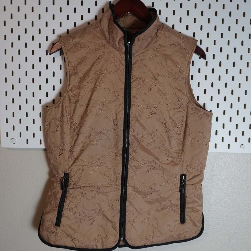 Eddie Bauer Down Vest Tan Brown‎ Embroidered Floral Tall M Medium